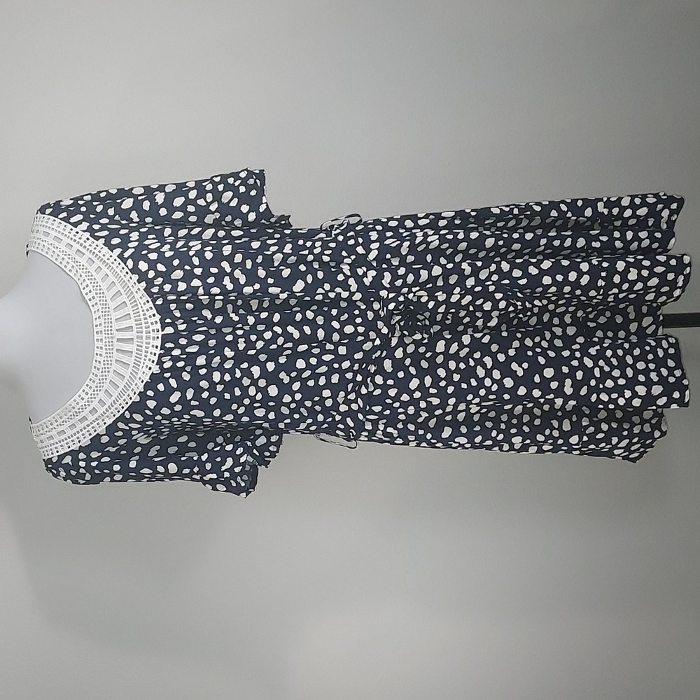 Gaovot Navy Blue White Dotted Ruffle Sleeve Lace Neck Midi Dress Size Medium NWT